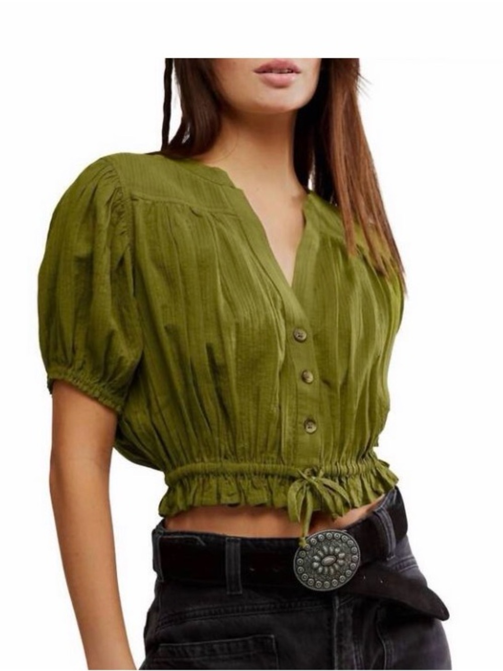 Free People Olive Green Puff Sleeve Drawstring Crop Top